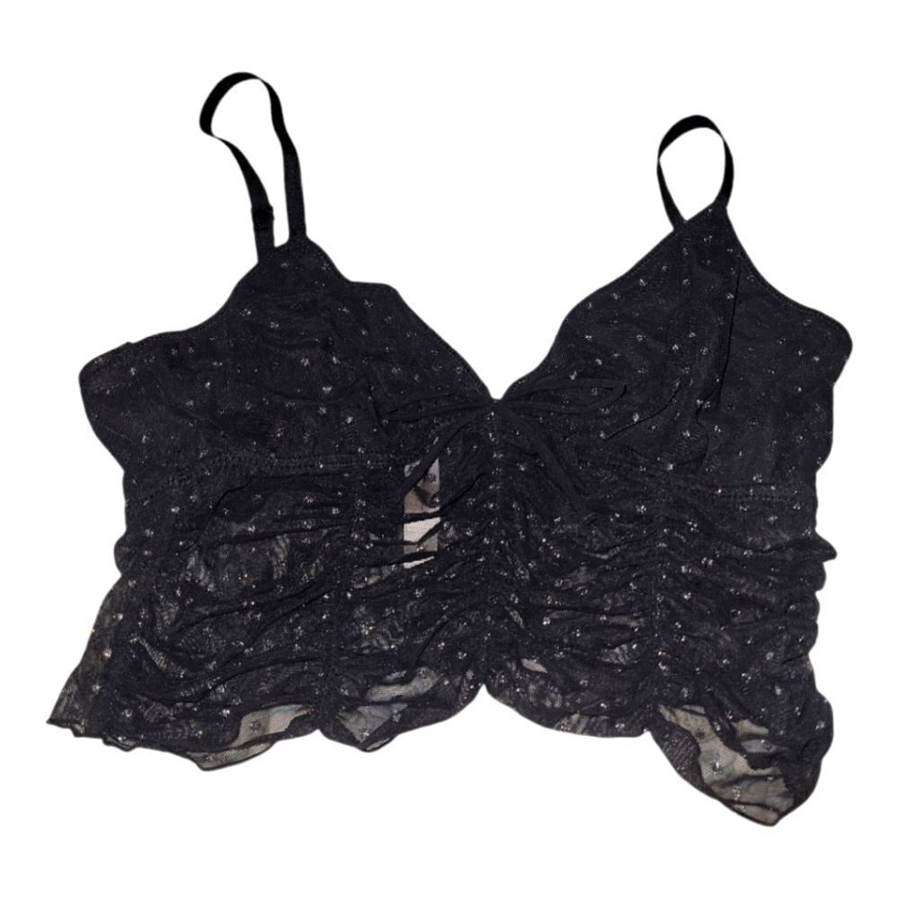 Colsie Black and Silver Dot Mesh Ruched Bralette Top Adjustable strap NWT M